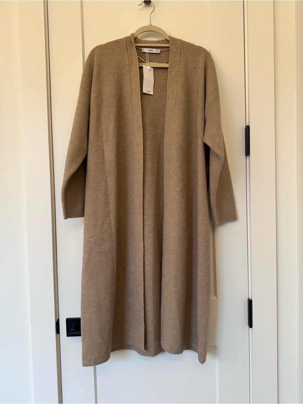 Mango Long Open-Front Cardigan in Taupe